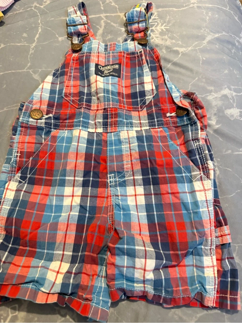 OshKosh B'gosh Red, Blue & White Plaid Short Overalls